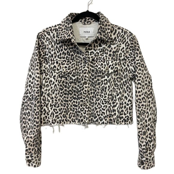 Pistola Naya Animal Print Cropped Jacket Leopard Raw Hem Oversized Classic Denim - Picture 6 of 14